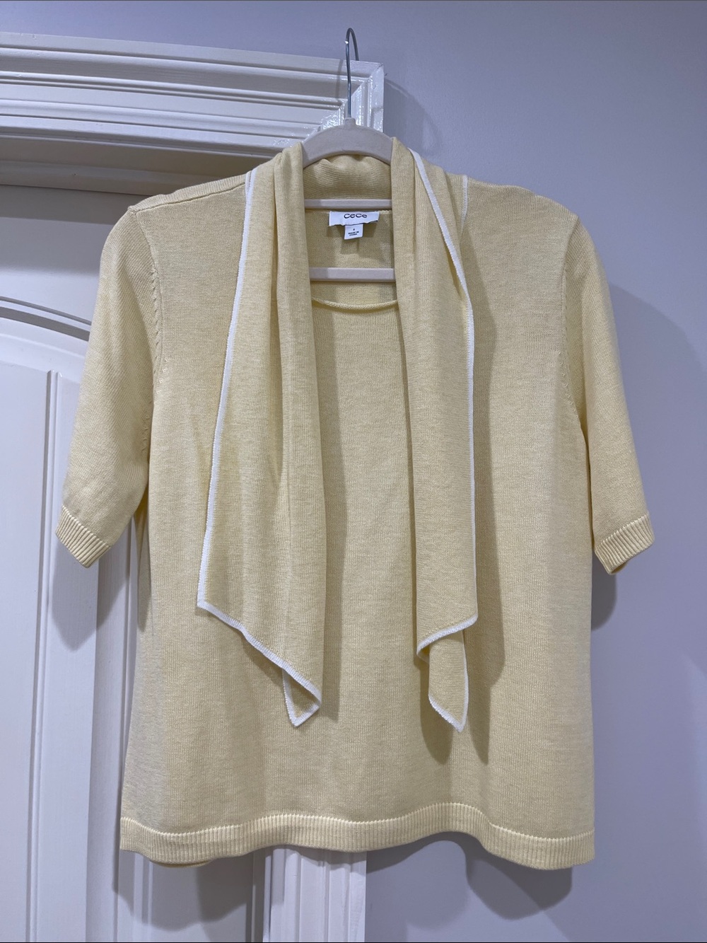 CeCe Pale Yellow Short-Sleeve Knit Top with Scarf Trim